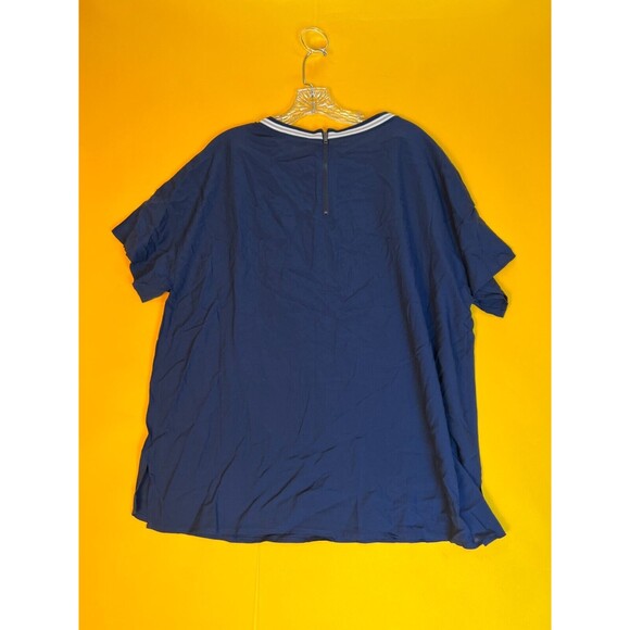 DR2 Ringer Blouse Top Womens 1X Plus Indigo Blue Short Sleeve Zip Crew Neck NWT - Picture 4 of 4